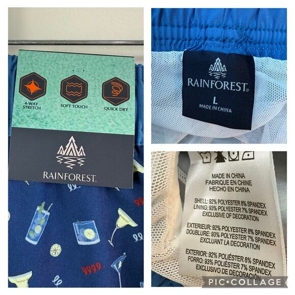 Rainforest New Blue Cocktail Print Volley Swim Trunks Mens Large Quick Dry Beach - Picture 11 of 14